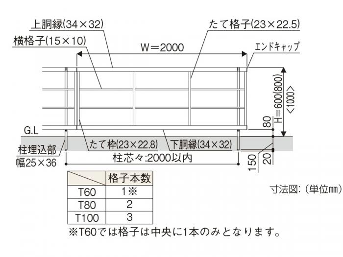 YKKAP 木製調ルシアスH05型 横格子 寸法図