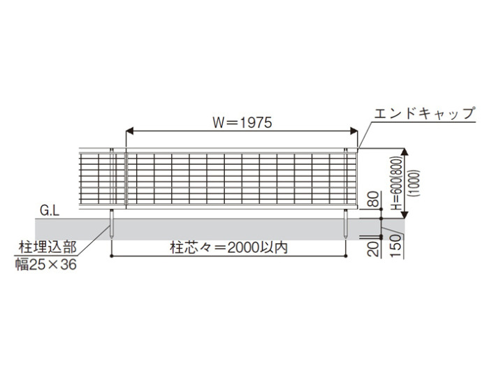 YKKAP シンプレオM1型 横井桁メッシュ 寸法図