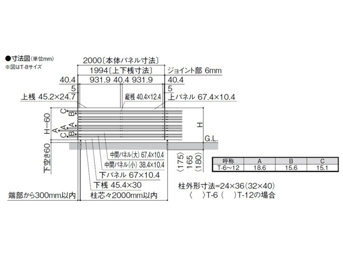 LIXIL 木製調AA YR1型 横格子(ランダム) 寸法図